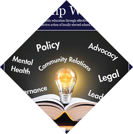 Lightbulb glowing inside an open book, with words like 'Advocacy' and 'Policy' floating around.